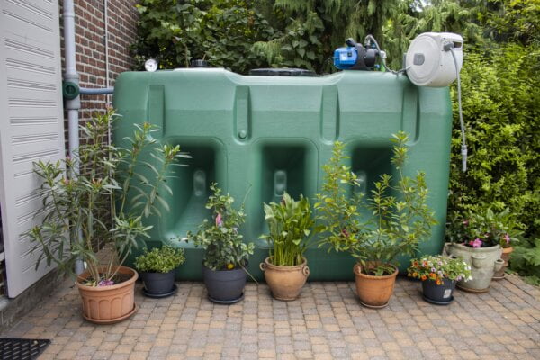 Bovengrondse Watertank 3000 liter met pomp in de tuin naast de bloemen