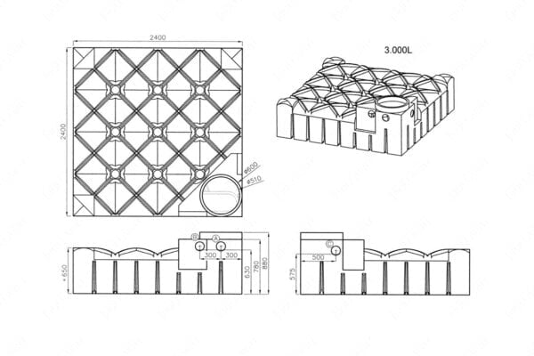 ultraplatte-kunststof-regenwaterput-3000-liter-technische-tekening-met-afmeting